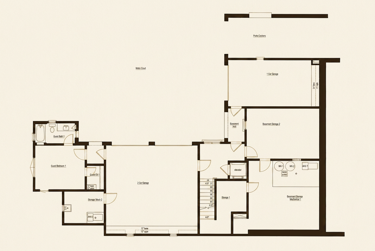 Lower Level — Guest Bedroom · 3-Car Garage · Motor Court · Elevator · Storage